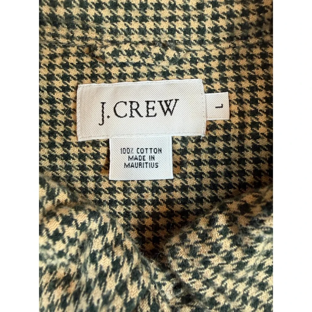J Crew Vtg Men Large Green Houndstooth Cotton Button Flannel Shirt Long Sleeve L
